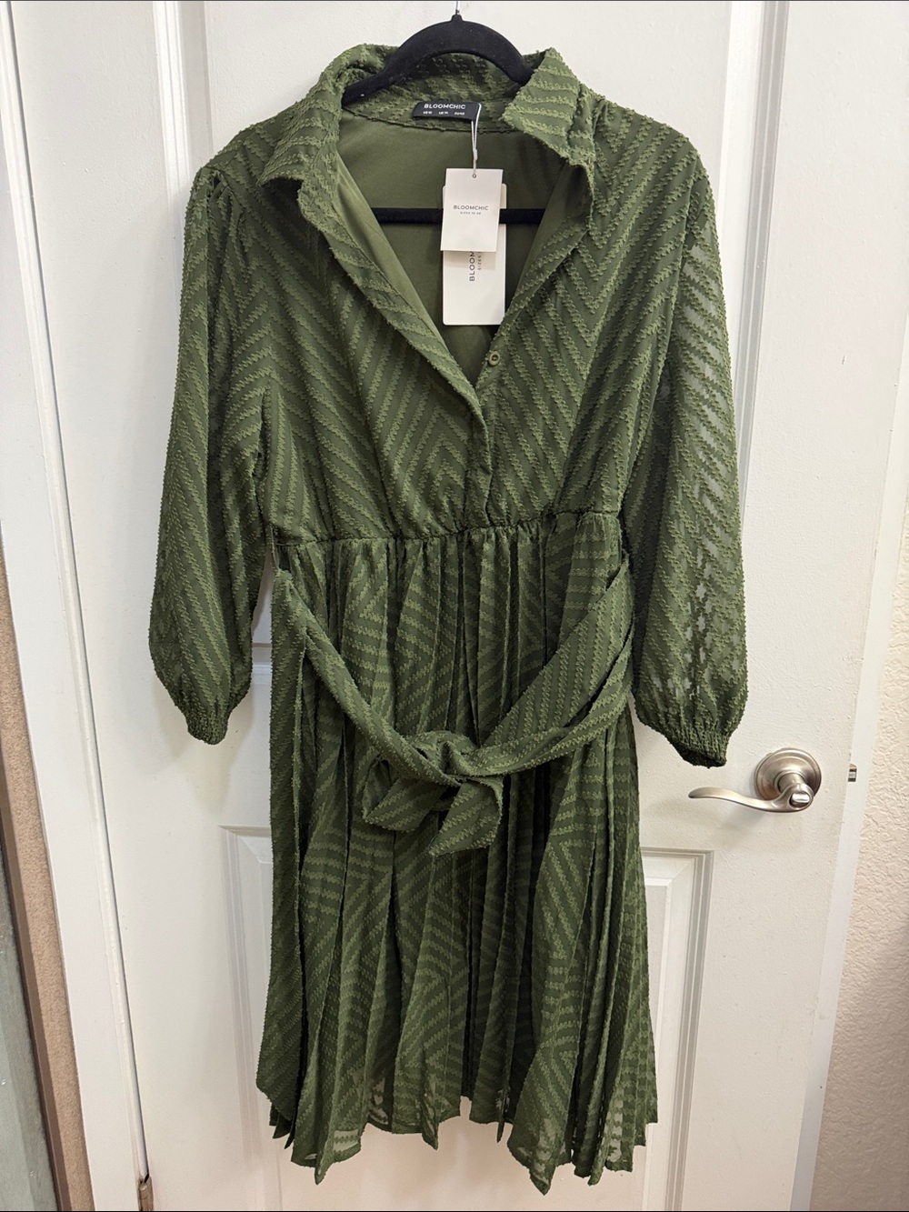 Olivia Moon Olive Chevron-Textured Long Sleeve Shirt Dress with Tie Waist